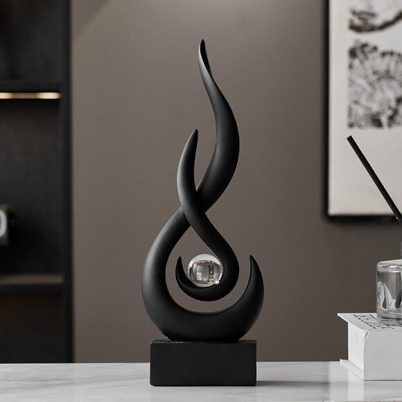 Abstract Black Sculpture Decor: Flame Statue with Glass Ball Resin Art Figurines - Picture 3 of 10